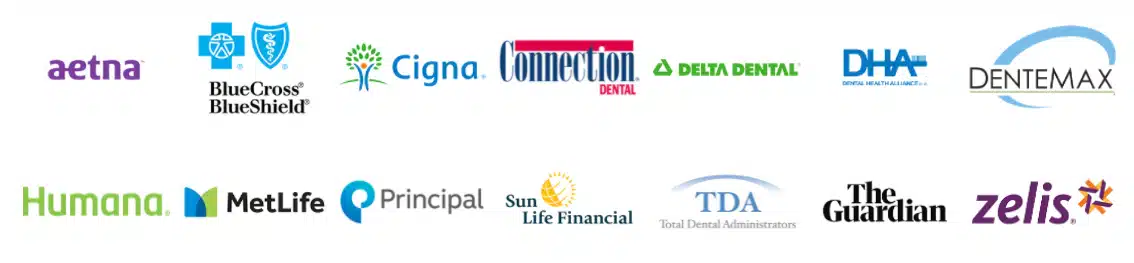 Collection of dental insurance and payment provider logos including Aetna, Cigna, and Delta Dental.