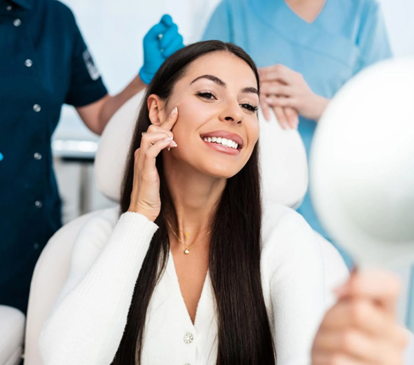 Woman wearing party hat smiling while friends celebrate in dental office background.