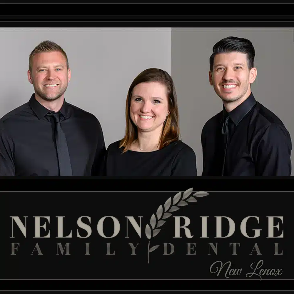 Three dental professionals posing for headshots against gray background with Nelson Ridge Family Dental logo.